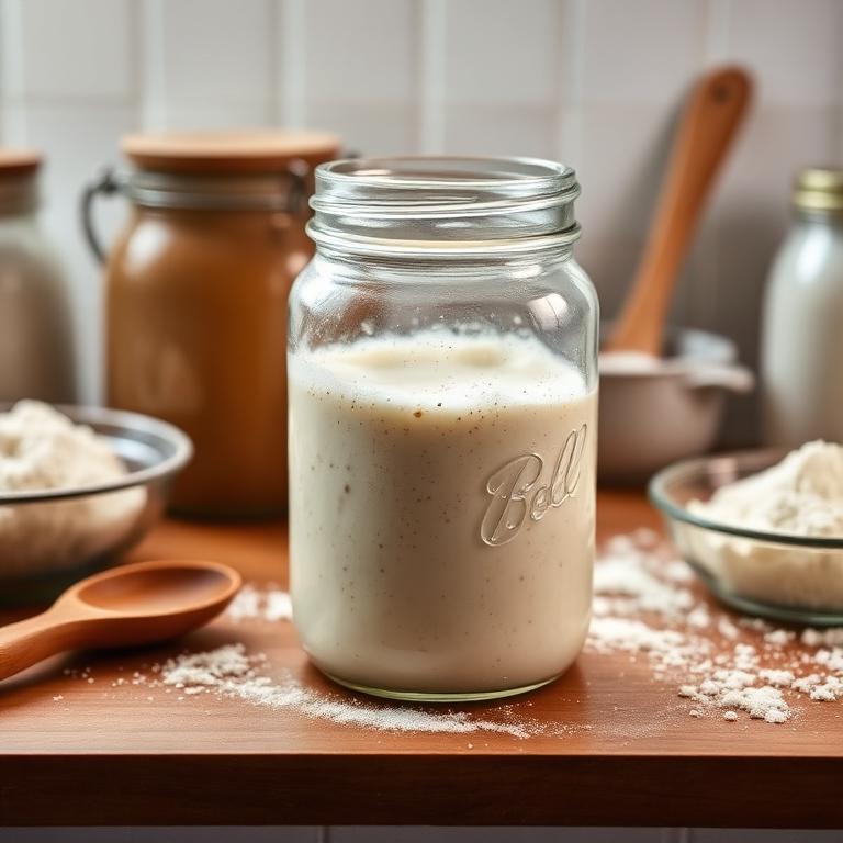 Frasco con masa madre activa burbujeante